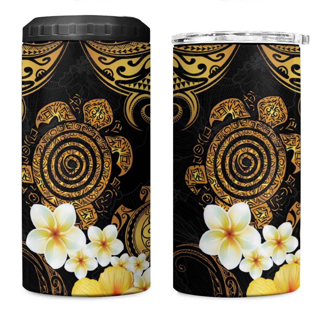 Polynesian Turtle 4 in 1 Can Cooler Tumbler Plumeria Hibiscus Pattern Black Color