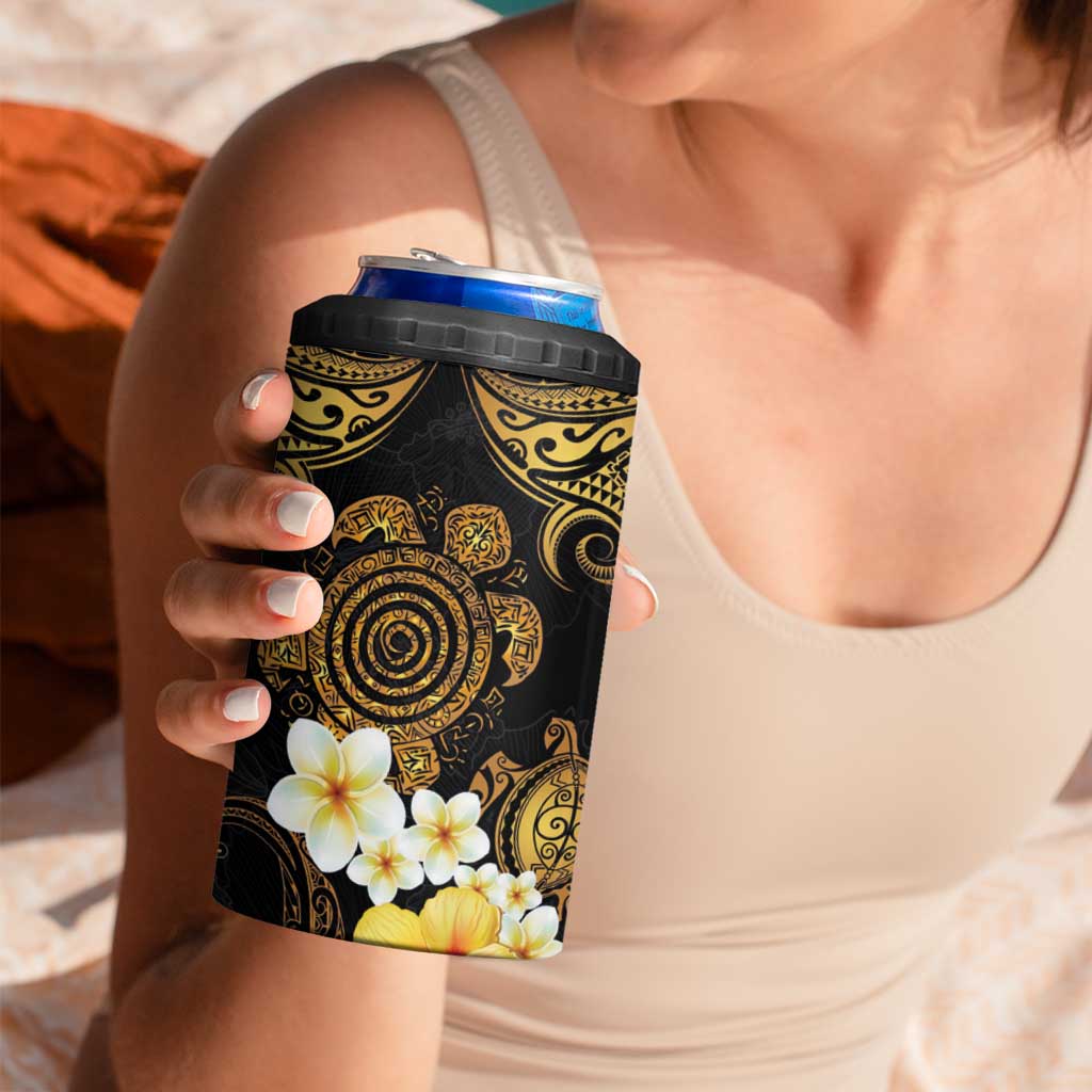 Polynesian Turtle 4 in 1 Can Cooler Tumbler Plumeria Hibiscus Pattern Black Color
