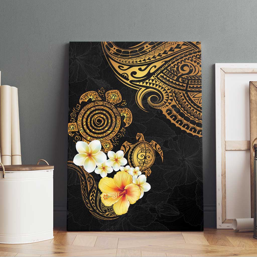 Polynesian Turtle Canvas Wall Art Plumeria Hibiscus Pattern Black Color