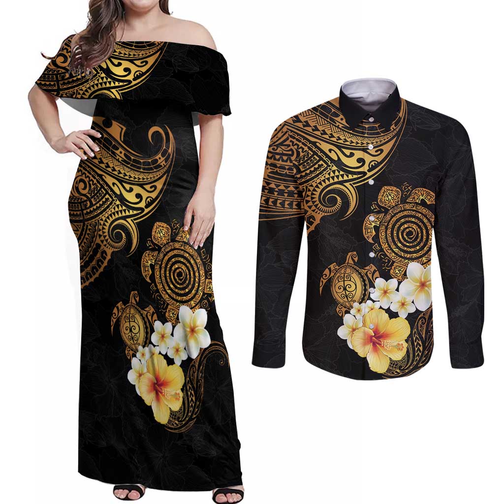 Polynesian Turtle Couples Matching Off Shoulder Maxi Dress and Long Sleeve Button Shirt Plumeria Hibiscus Pattern Black Color