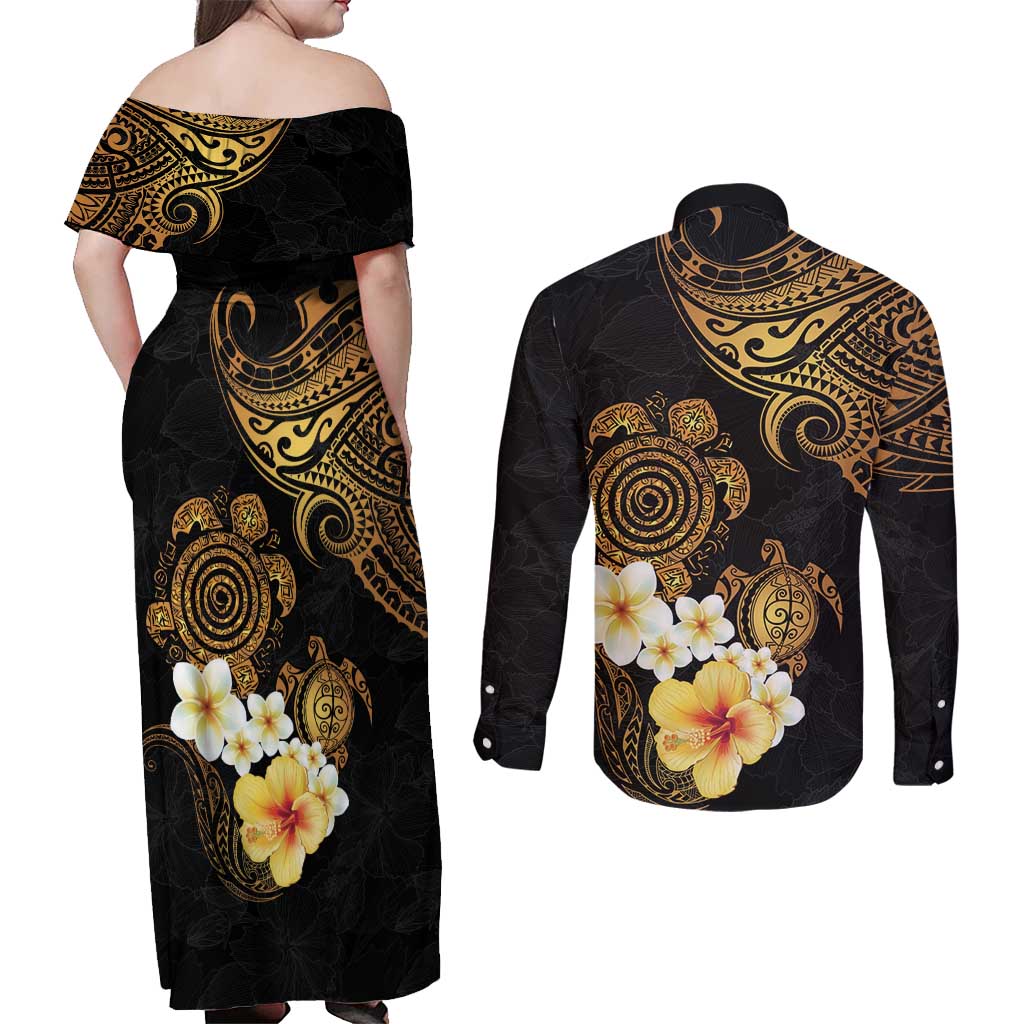 Polynesian Turtle Couples Matching Off Shoulder Maxi Dress and Long Sleeve Button Shirt Plumeria Hibiscus Pattern Black Color