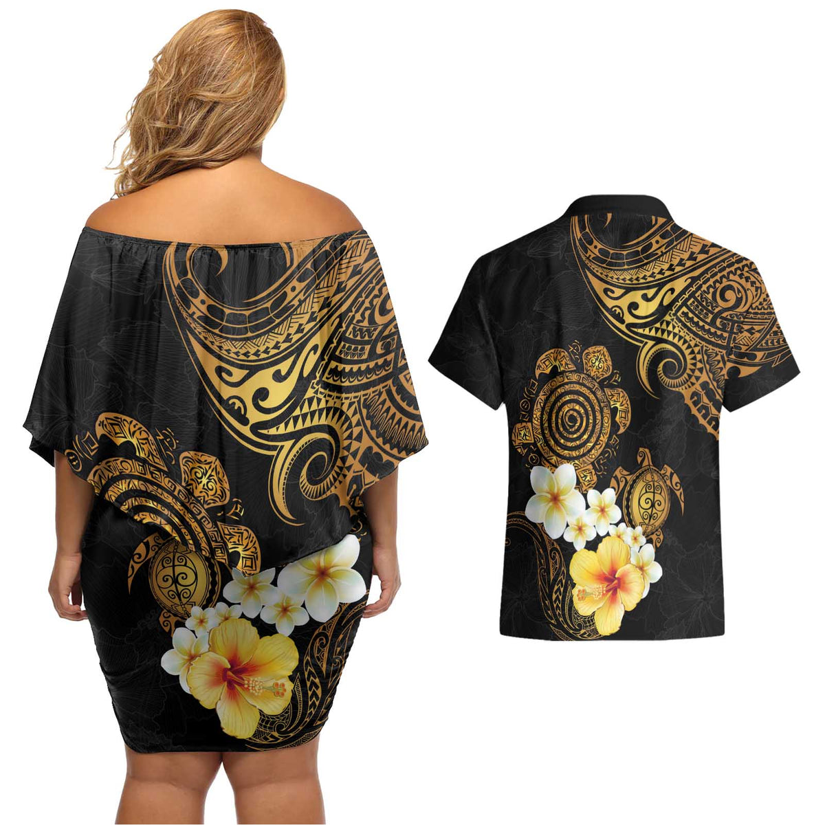 Polynesian Turtle Couples Matching Off Shoulder Short Dress and Hawaiian Shirt Plumeria Hibiscus Pattern Black Color