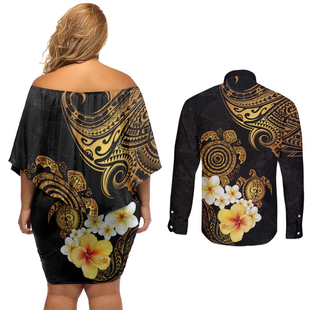 Polynesian Turtle Couples Matching Off Shoulder Short Dress and Long Sleeve Button Shirt Plumeria Hibiscus Pattern Black Color