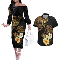 Polynesian Turtle Couples Matching Off The Shoulder Long Sleeve Dress and Hawaiian Shirt Plumeria Hibiscus Pattern Black Color