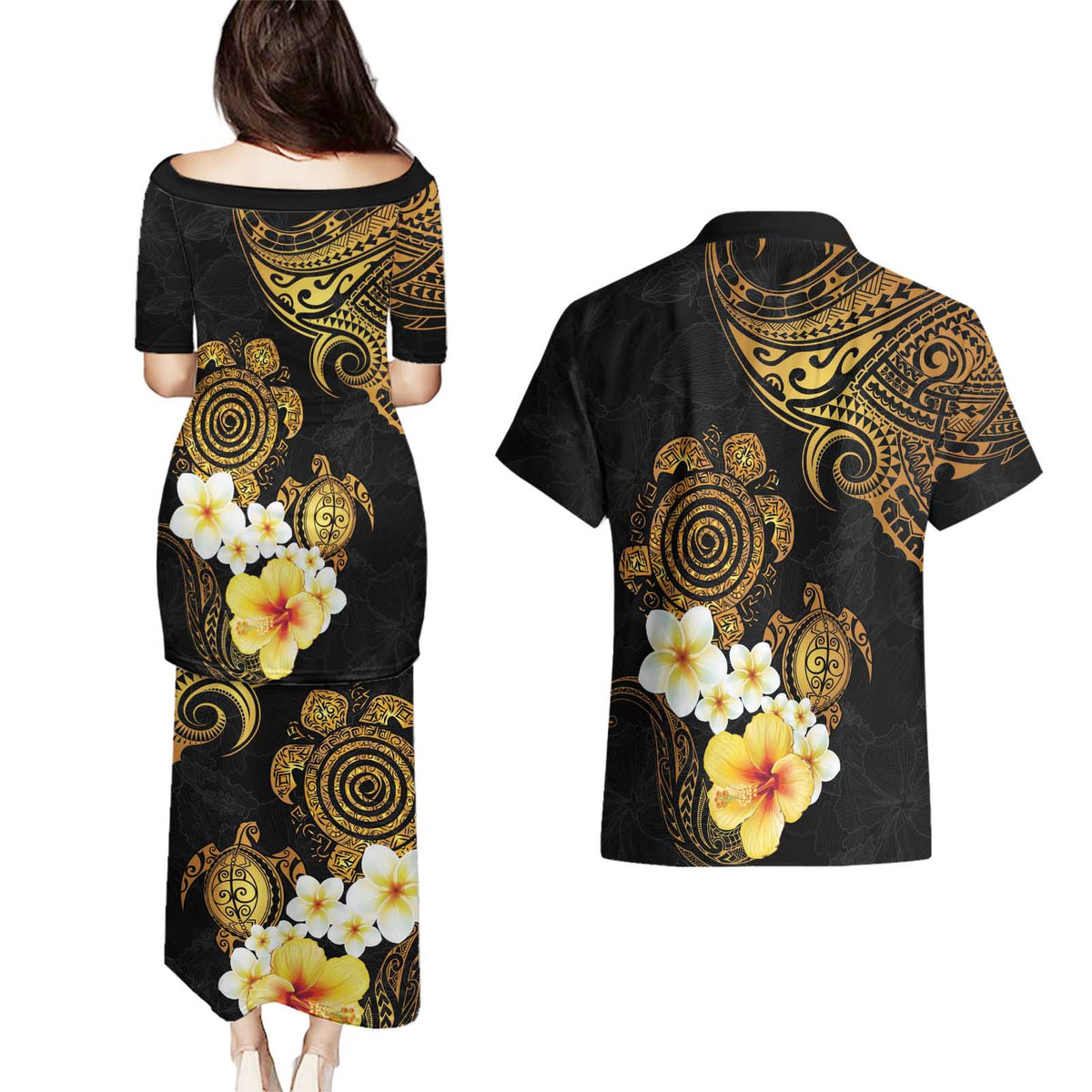 Polynesian Turtle Couples Matching Puletasi and Hawaiian Shirt Plumeria Hibiscus Pattern Black Color
