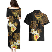Polynesian Turtle Couples Matching Puletasi and Hawaiian Shirt Plumeria Hibiscus Pattern Black Color
