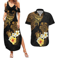 Polynesian Turtle Couples Matching Summer Maxi Dress and Hawaiian Shirt Plumeria Hibiscus Pattern Black Color
