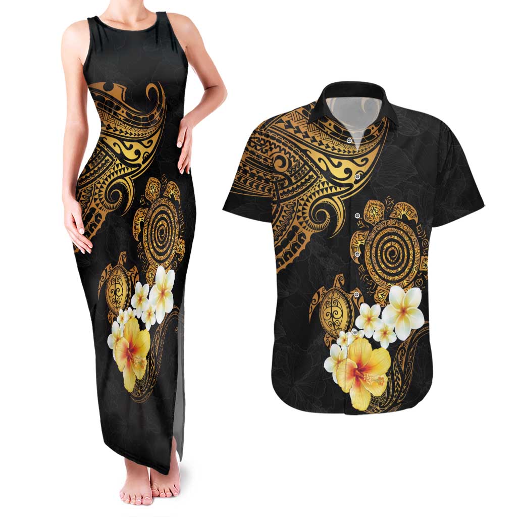 Polynesian Turtle Couples Matching Tank Maxi Dress and Hawaiian Shirt Plumeria Hibiscus Pattern Black Color