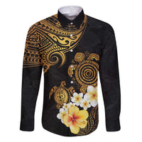 Polynesian Turtle Family Matching Long Sleeve Bodycon Dress and Hawaiian Shirt Plumeria Hibiscus Pattern Black Color