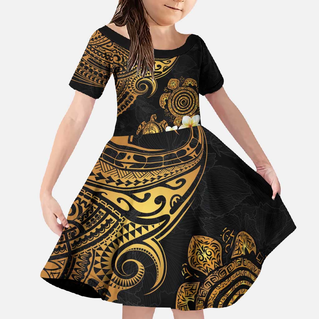 Polynesian Turtle Family Matching Mermaid Dress and Hawaiian Shirt Plumeria Hibiscus Pattern Black Color