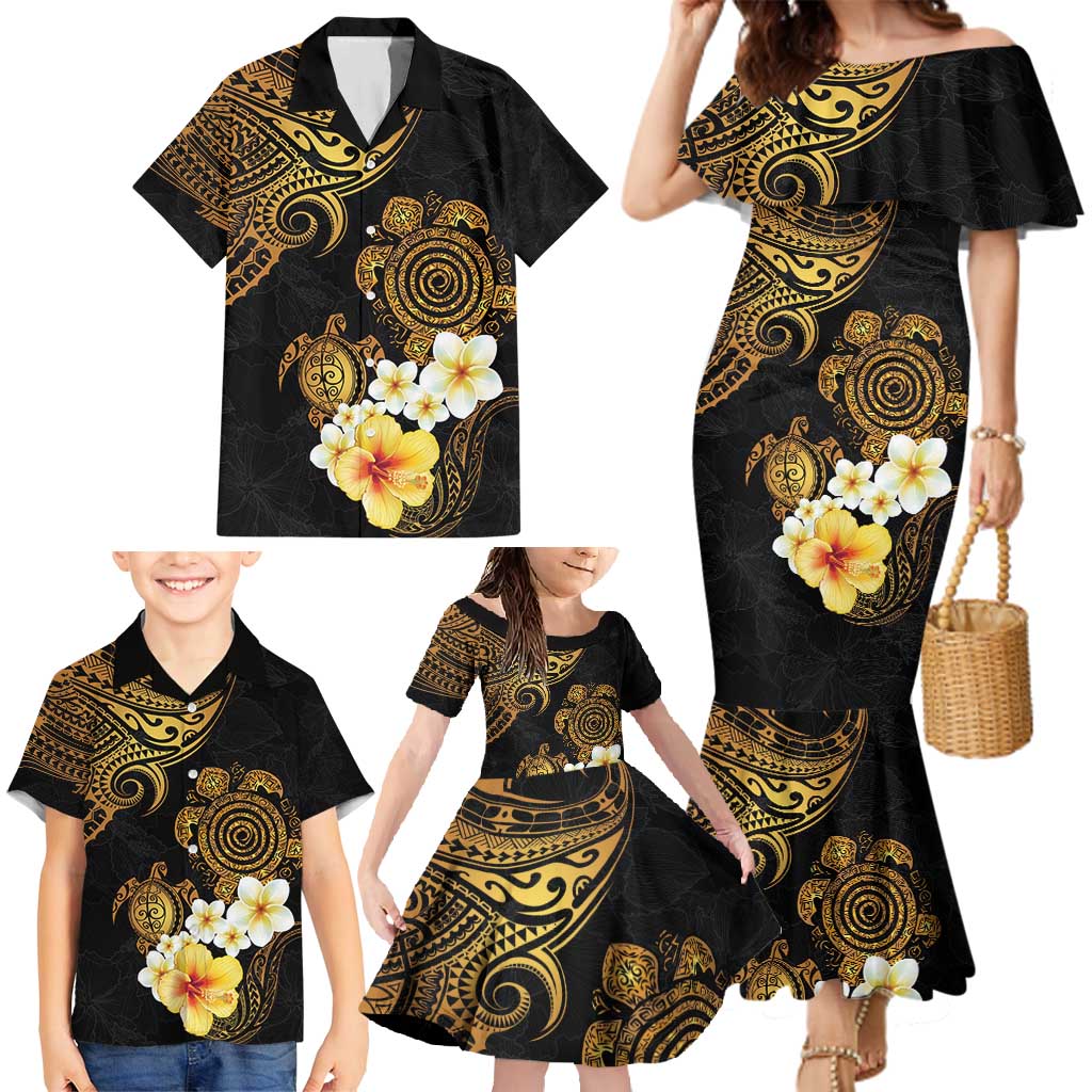 Polynesian Turtle Family Matching Mermaid Dress and Hawaiian Shirt Plumeria Hibiscus Pattern Black Color