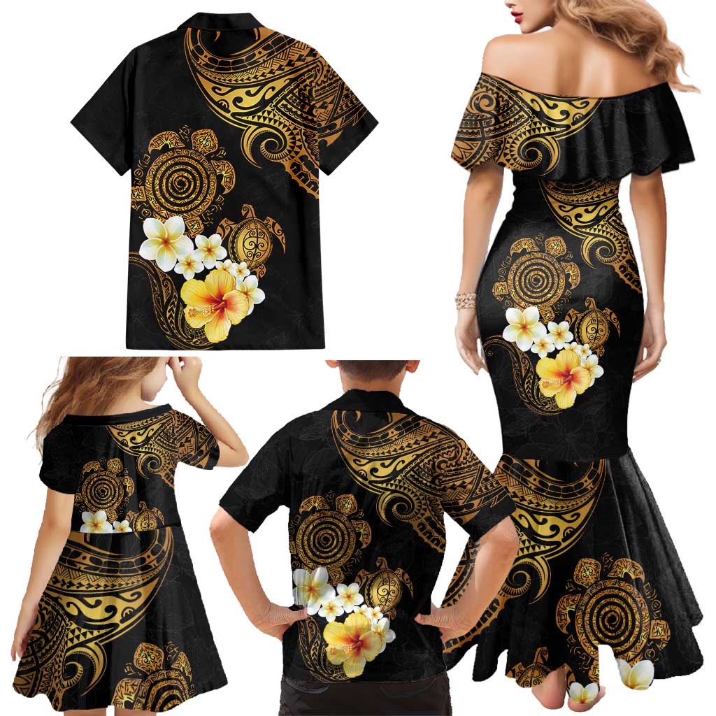 Polynesian Turtle Family Matching Mermaid Dress and Hawaiian Shirt Plumeria Hibiscus Pattern Black Color