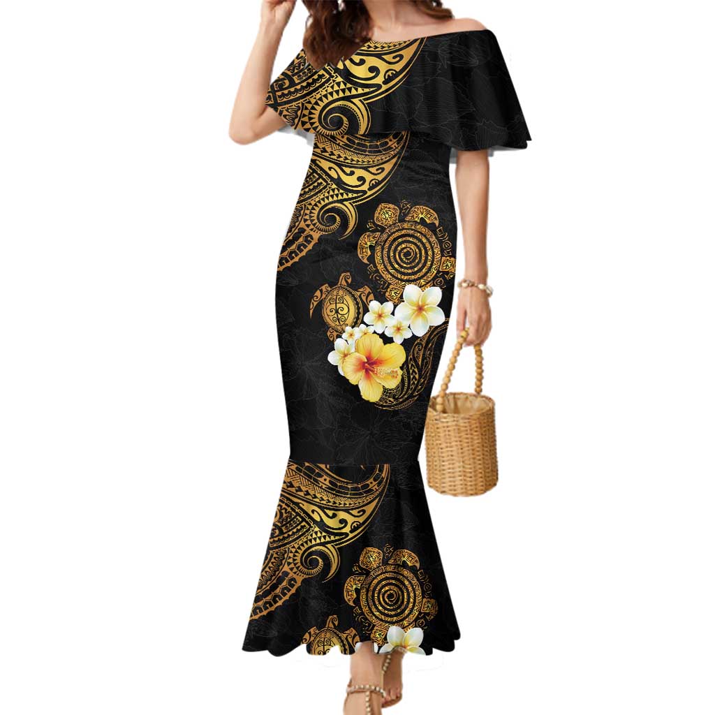 Polynesian Turtle Family Matching Mermaid Dress and Hawaiian Shirt Plumeria Hibiscus Pattern Black Color