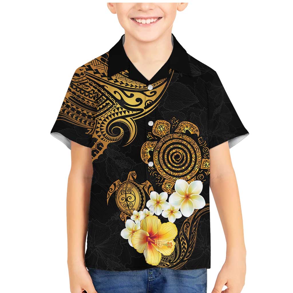 Polynesian Turtle Family Matching Mermaid Dress and Hawaiian Shirt Plumeria Hibiscus Pattern Black Color