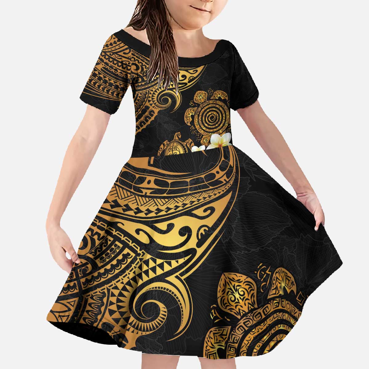 Polynesian Turtle Family Matching Off The Shoulder Long Sleeve Dress and Hawaiian Shirt Plumeria Hibiscus Pattern Black Color