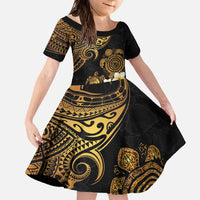 Polynesian Turtle Family Matching Off The Shoulder Long Sleeve Dress and Hawaiian Shirt Plumeria Hibiscus Pattern Black Color