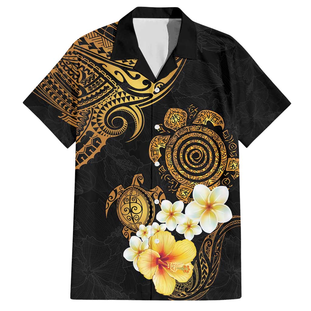 Polynesian Turtle Family Matching Short Sleeve Bodycon Dress and Hawaiian Shirt Plumeria Hibiscus Pattern Black Color