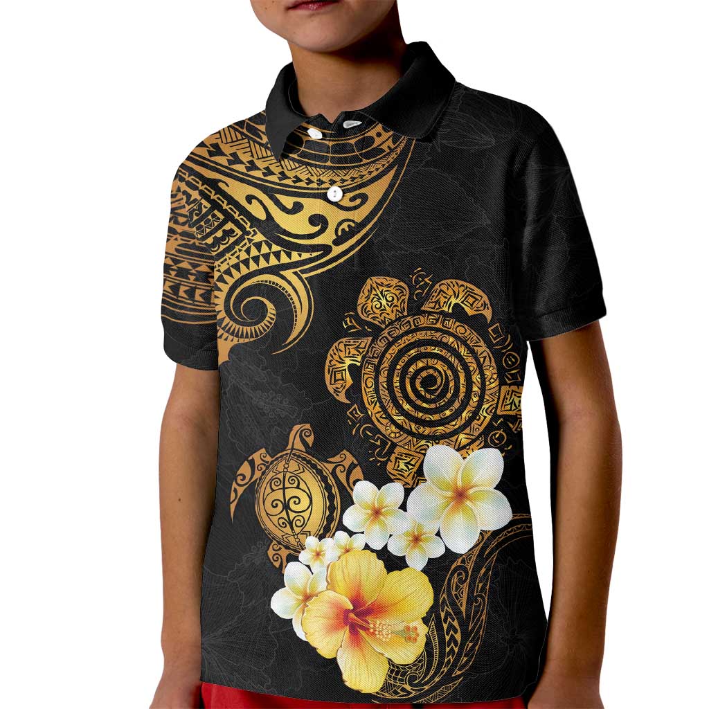 Polynesian Turtle Kid Polo Shirt Plumeria Hibiscus Pattern Black Color LT03 Kid Black - Polynesian Pride