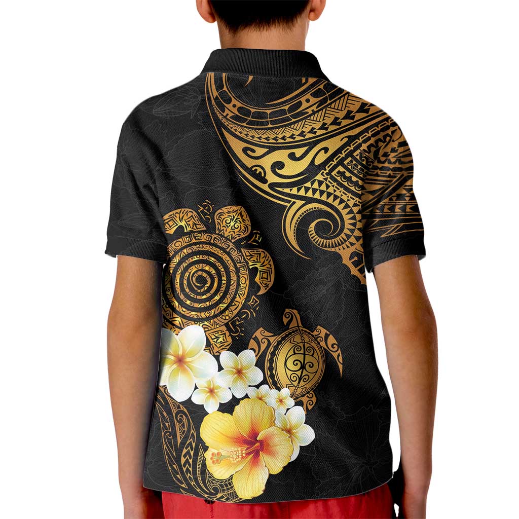 Polynesian Turtle Kid Polo Shirt Plumeria Hibiscus Pattern Black Color LT03 - Polynesian Pride