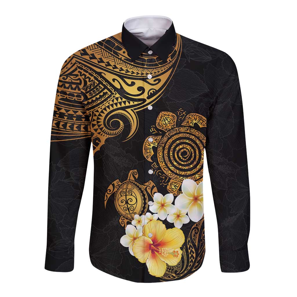 Polynesian Turtle Long Sleeve Button Shirt Plumeria Hibiscus Pattern Black Color LT03 Unisex Black - Polynesian Pride