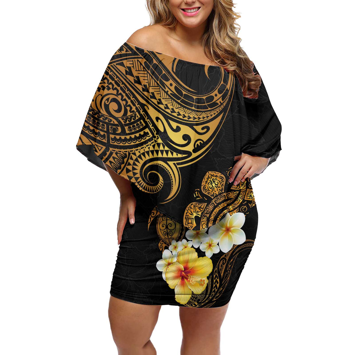 Polynesian Turtle Off Shoulder Short Dress Plumeria Hibiscus Pattern Black Color LT03 Women Black - Polynesian Pride