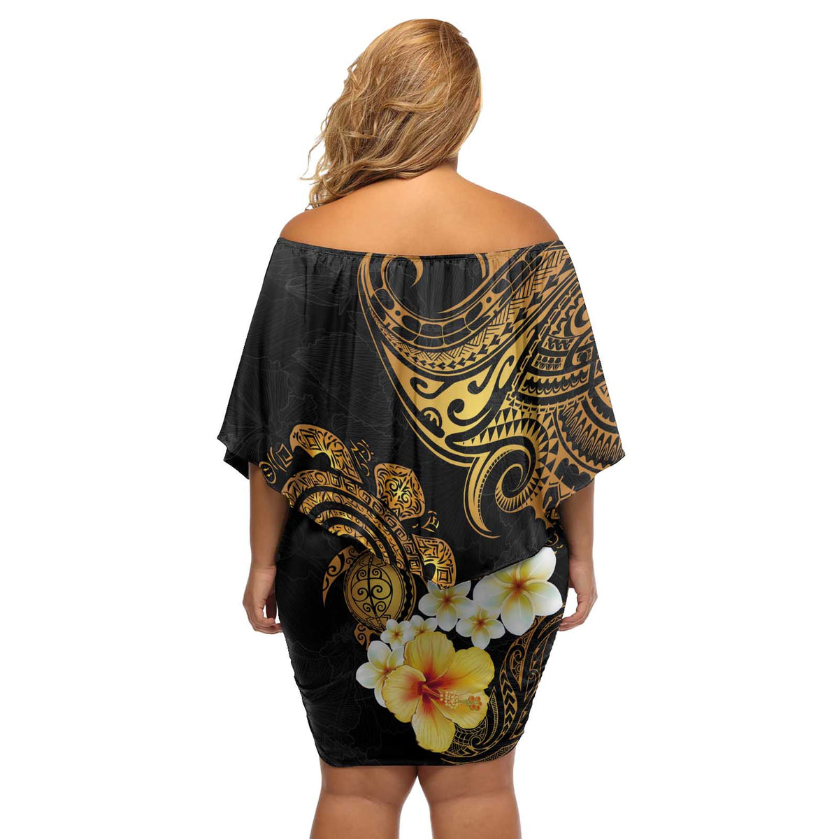 Polynesian Turtle Off Shoulder Short Dress Plumeria Hibiscus Pattern Black Color LT03 - Polynesian Pride