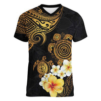 Polynesian Turtle Women V-Neck T-Shirt Plumeria Hibiscus Pattern Black Color LT03 Female Black - Polynesian Pride