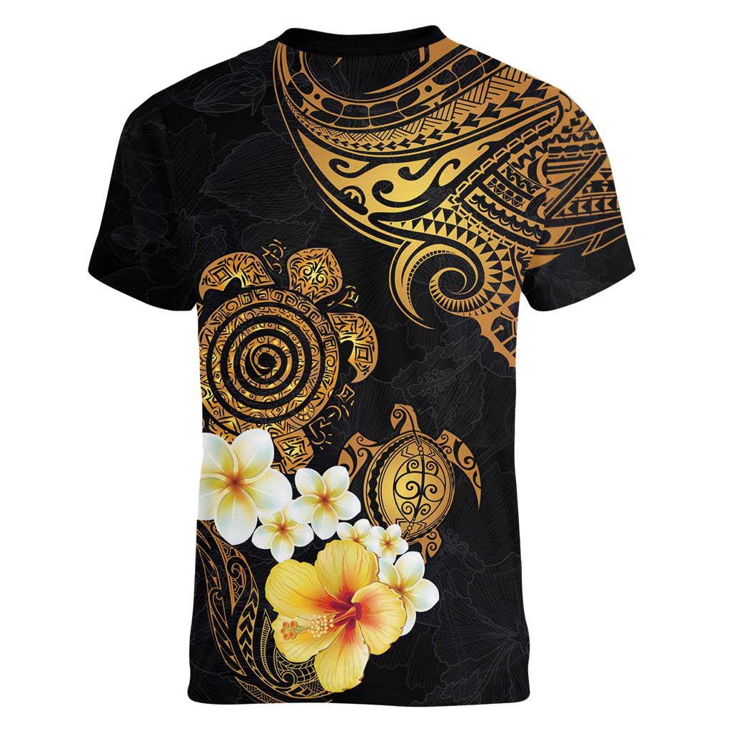 Polynesian Turtle Women V-Neck T-Shirt Plumeria Hibiscus Pattern Black Color LT03 - Polynesian Pride