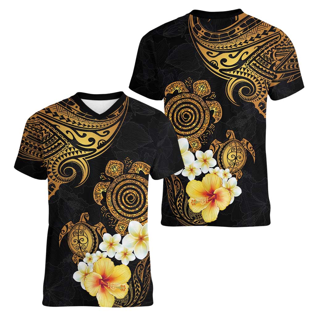 Polynesian Turtle Women V-Neck T-Shirt Plumeria Hibiscus Pattern Black Color LT03 - Polynesian Pride