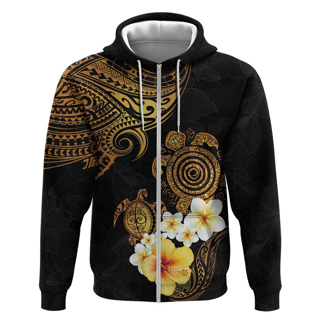 Polynesian Turtle Zip Hoodie Plumeria Hibiscus Pattern Black Color