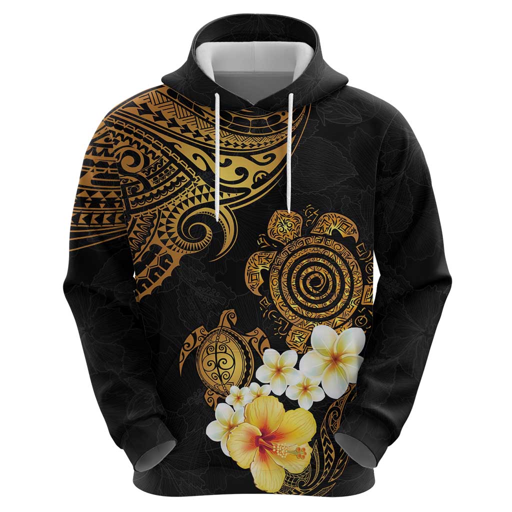 Polynesian Turtle Zip Hoodie Plumeria Hibiscus Pattern Black Color