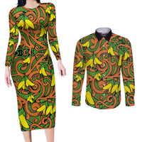 New Zealand Kowhai Flowers Couples Matching Long Sleeve Bodycon Dress and Long Sleeve Button Shirt Maori Koru Pattern