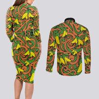 New Zealand Kowhai Flowers Couples Matching Long Sleeve Bodycon Dress and Long Sleeve Button Shirt Maori Koru Pattern
