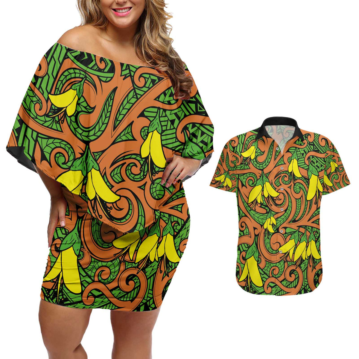 New Zealand Kowhai Flowers Couples Matching Off Shoulder Short Dress and Hawaiian Shirt Maori Koru Pattern