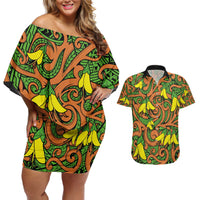 New Zealand Kowhai Flowers Couples Matching Off Shoulder Short Dress and Hawaiian Shirt Maori Koru Pattern