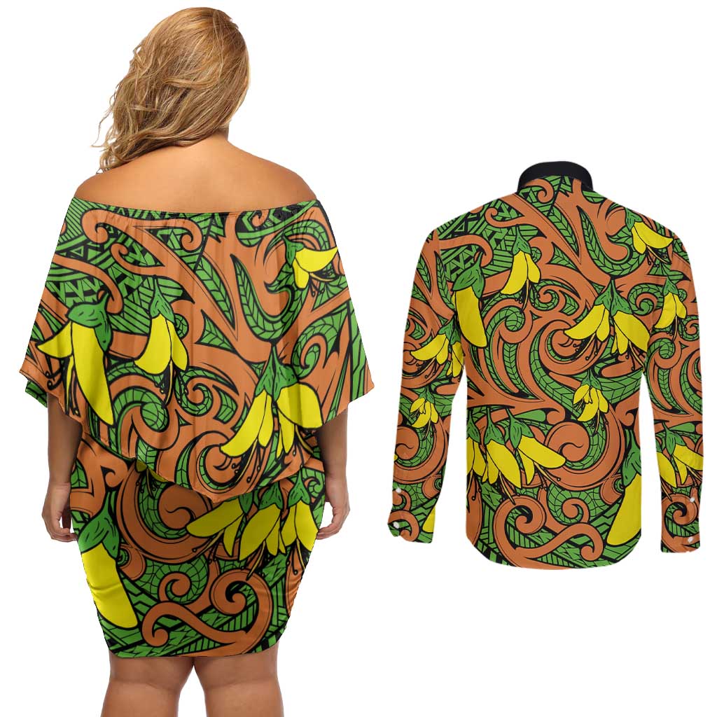 New Zealand Kowhai Flowers Couples Matching Off Shoulder Short Dress and Long Sleeve Button Shirt Maori Koru Pattern