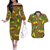 New Zealand Kowhai Flowers Couples Matching Off The Shoulder Long Sleeve Dress and Hawaiian Shirt Maori Koru Pattern