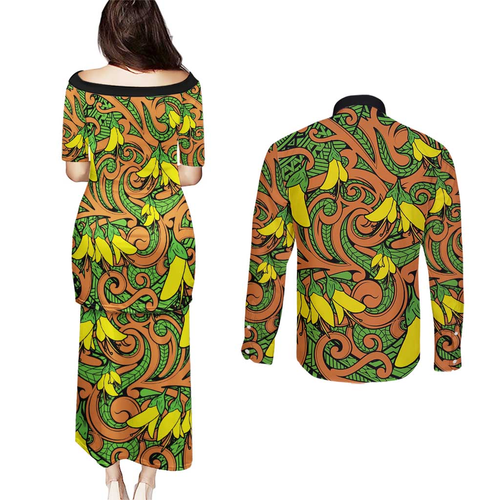 New Zealand Kowhai Flowers Couples Matching Puletasi and Long Sleeve Button Shirt Maori Koru Pattern