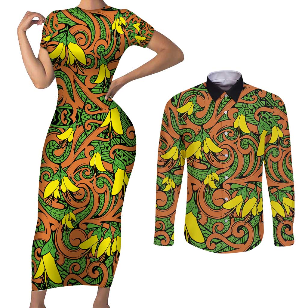 New Zealand Kowhai Flowers Couples Matching Short Sleeve Bodycon Dress and Long Sleeve Button Shirt Maori Koru Pattern