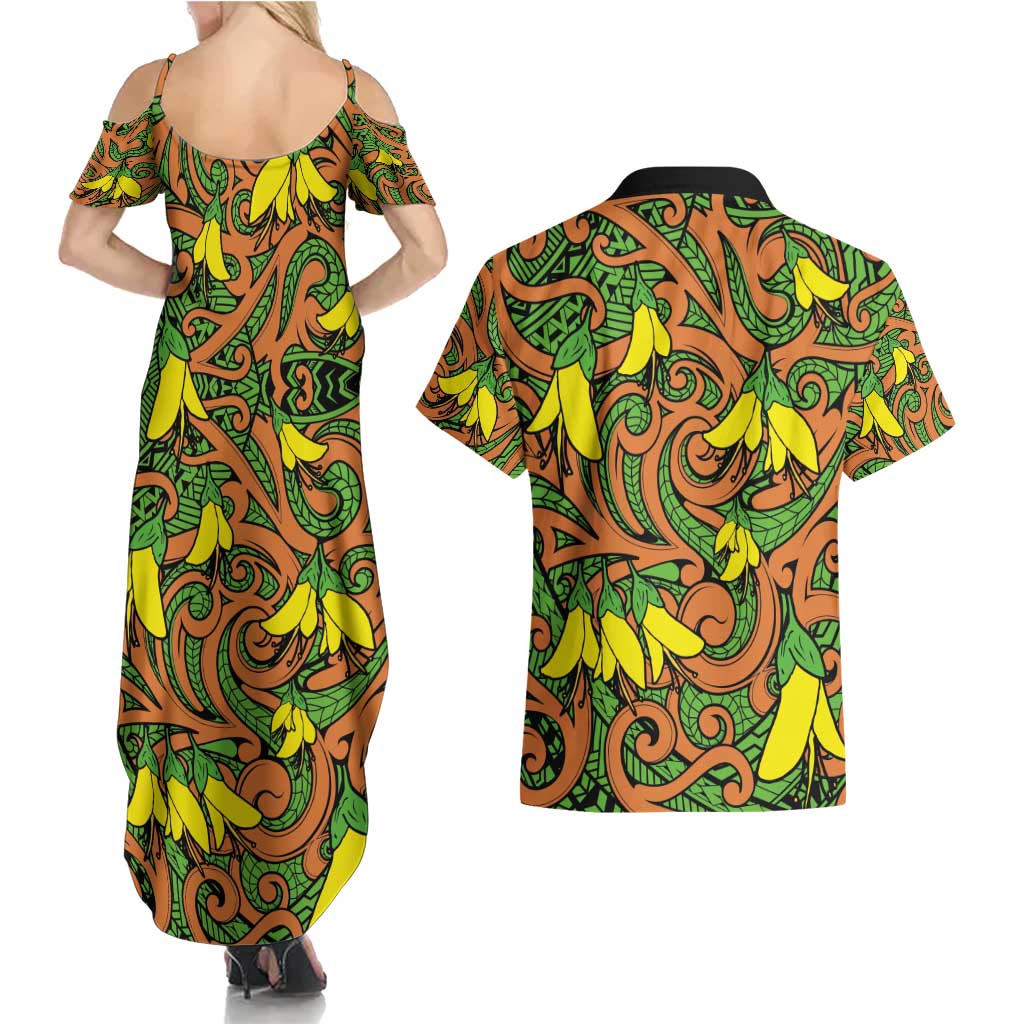 New Zealand Kowhai Flowers Couples Matching Summer Maxi Dress and Hawaiian Shirt Maori Koru Pattern