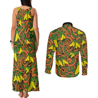 New Zealand Kowhai Flowers Couples Matching Tank Maxi Dress and Long Sleeve Button Shirt Maori Koru Pattern