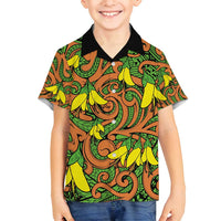 New Zealand Kowhai Flowers Family Matching Long Sleeve Bodycon Dress and Hawaiian Shirt Maori Koru Pattern