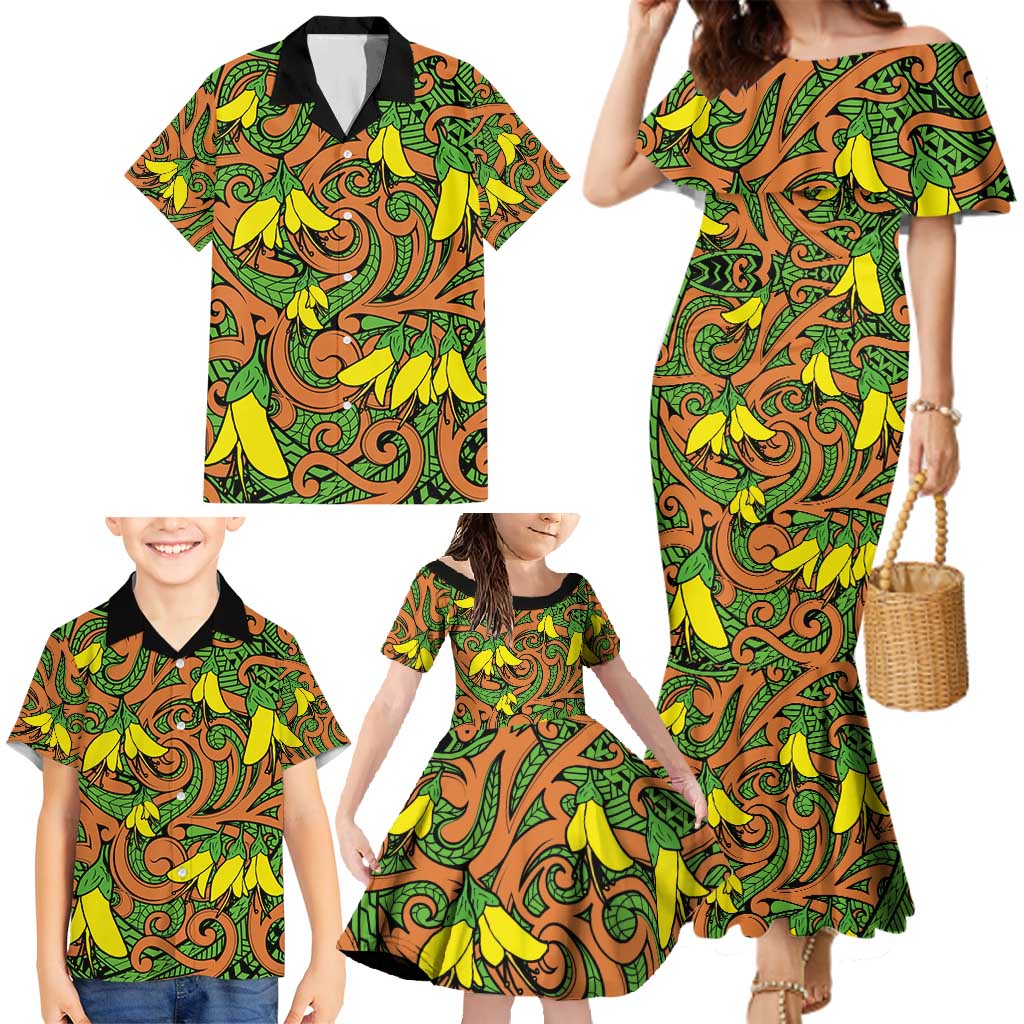 New Zealand Kowhai Flowers Family Matching Mermaid Dress and Hawaiian Shirt Maori Koru Pattern