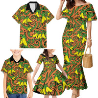 New Zealand Kowhai Flowers Family Matching Mermaid Dress and Hawaiian Shirt Maori Koru Pattern