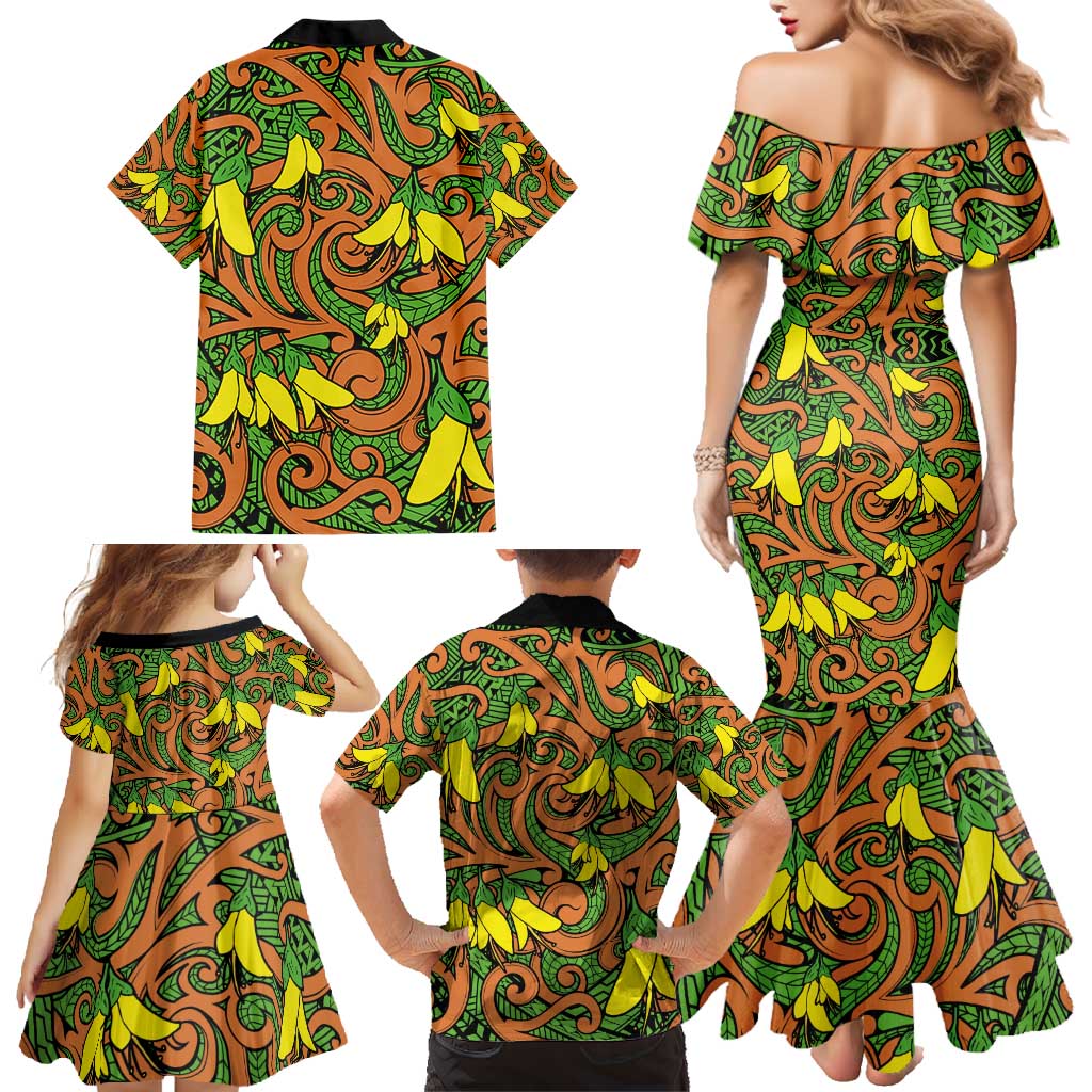 New Zealand Kowhai Flowers Family Matching Mermaid Dress and Hawaiian Shirt Maori Koru Pattern
