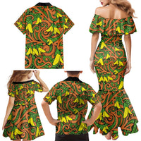 New Zealand Kowhai Flowers Family Matching Mermaid Dress and Hawaiian Shirt Maori Koru Pattern