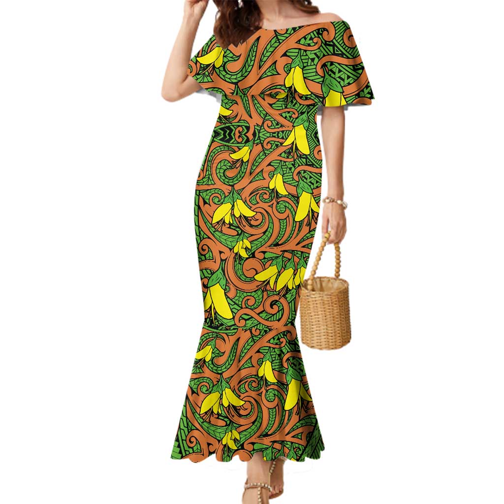 New Zealand Kowhai Flowers Family Matching Mermaid Dress and Hawaiian Shirt Maori Koru Pattern