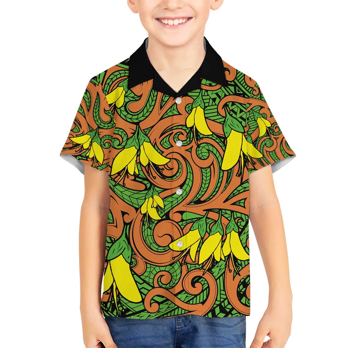 New Zealand Kowhai Flowers Family Matching Off Shoulder Short Dress and Hawaiian Shirt Maori Koru Pattern