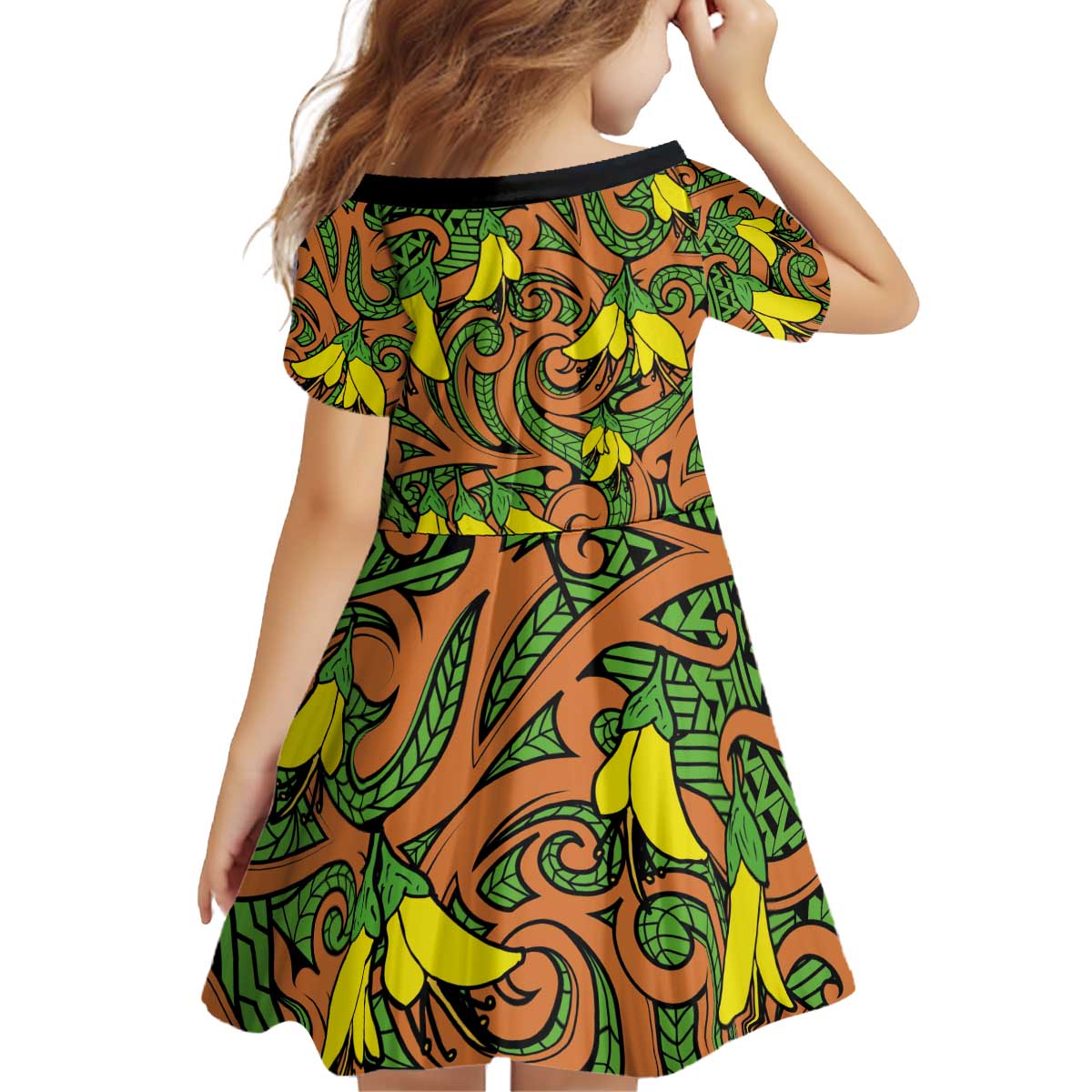 New Zealand Kowhai Flowers Kid Short Sleeve Dress Maori Koru Pattern
