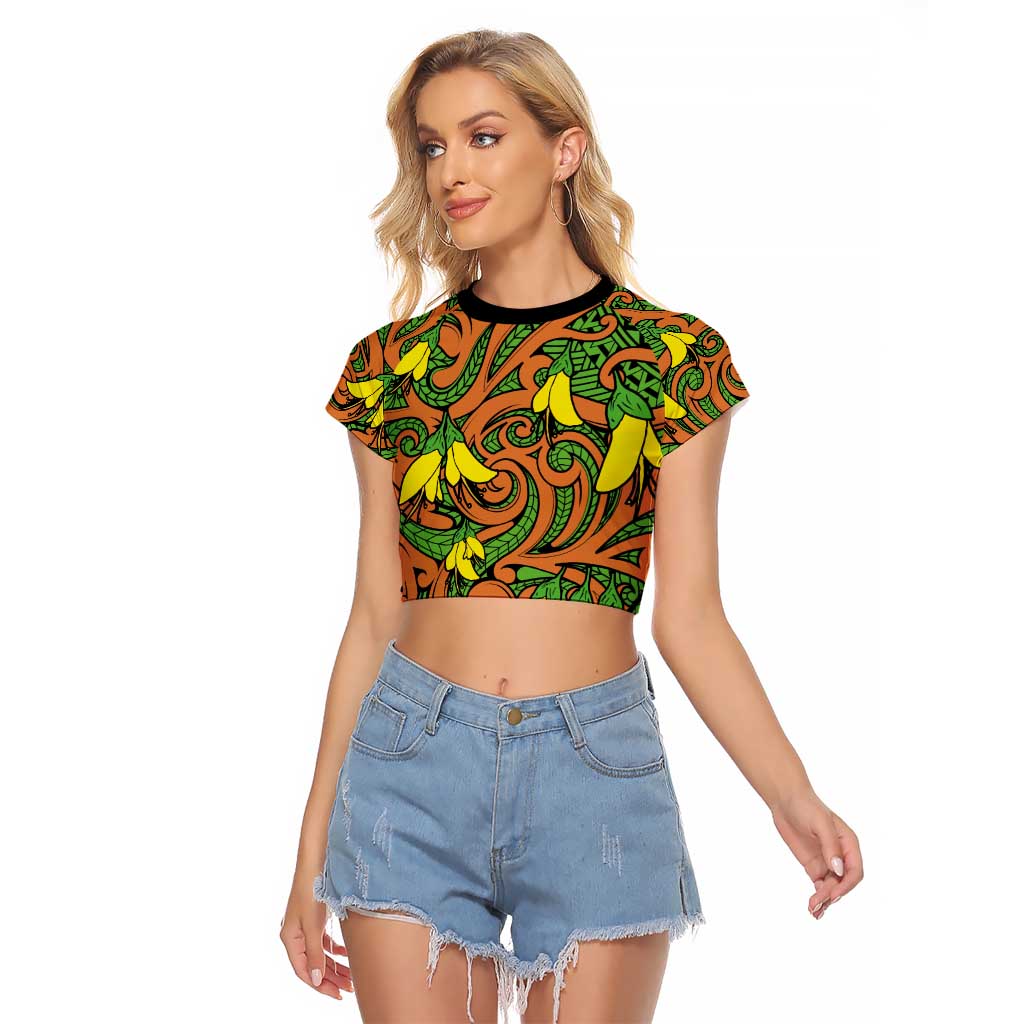 New Zealand Kowhai Flowers Raglan Cropped T Shirt Maori Koru Pattern